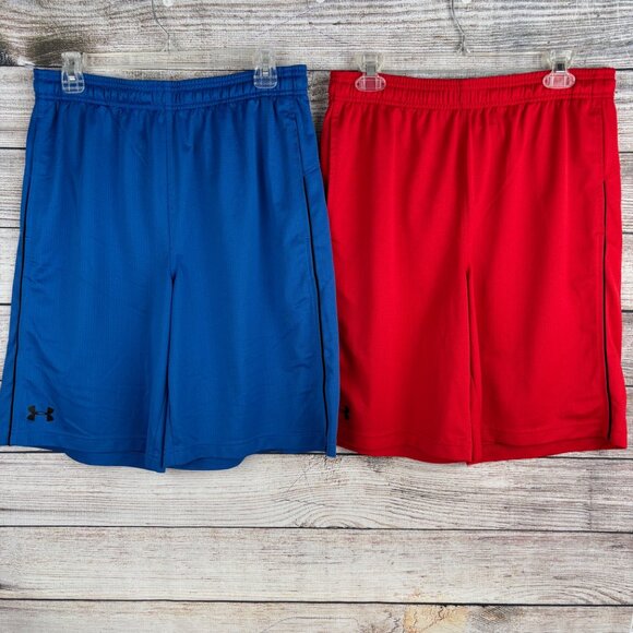2 Under Armour Shorts Heat Gear Loose Basketball Blue Red Mesh Men's Large - Picture 1 of 6